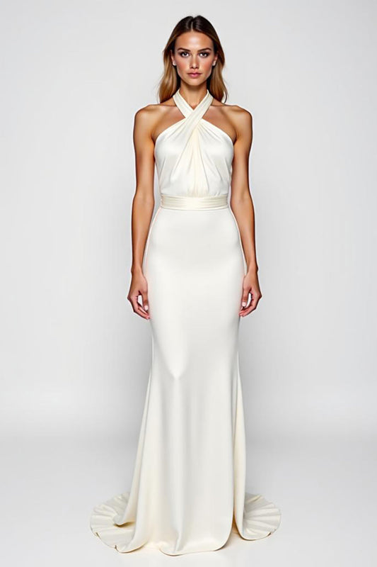 White Halter Mermaid Backless Long Formal Dress