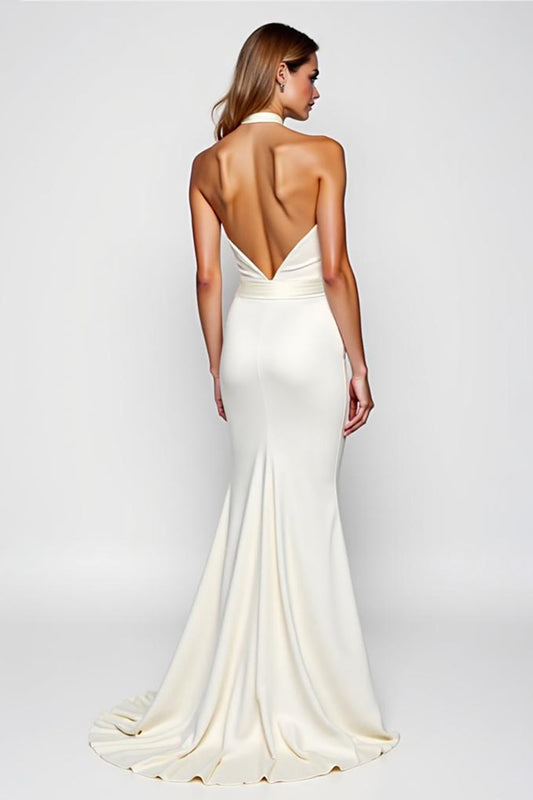 White Halter Mermaid Backless Long Formal Dress