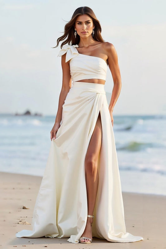 White One Shoulder Satin Long Formal Dress with Slit