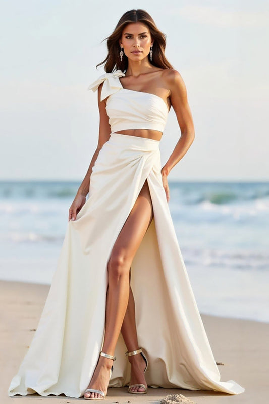 White One Shoulder Satin Long Formal Dress with Slit