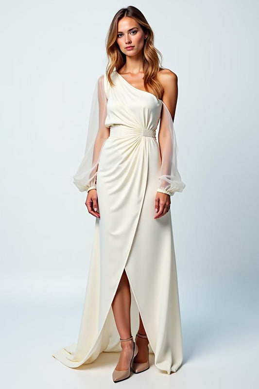 Ivory One Shoulder Crepe Long Formal Dress with Long Sheer Sleeves
