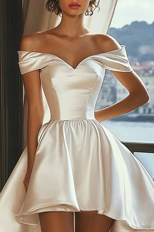 A Line White Off the Shoulder Asymmetrical Satin Graduation Dress