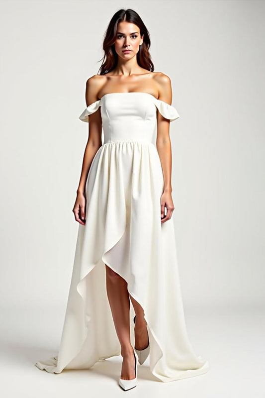 Off the Shoulder White A Line Chiffon High Low Formal Dress