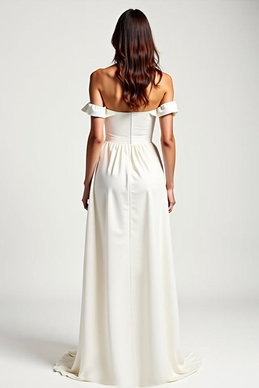 Off the Shoulder White A Line Chiffon High Low Formal Dress