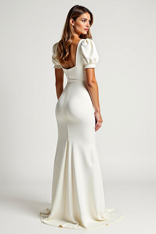 Ivory Square Neck Mermaid Crepe Long Formal Dress with Puff Sleeves
