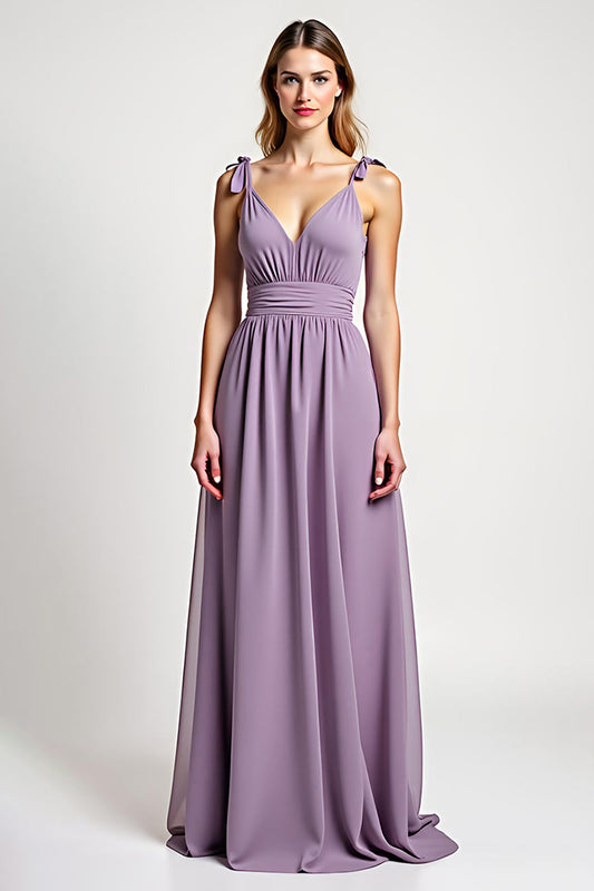 A Line Lilac Backless Ruched Chiffon Long Bridesmaid Dress