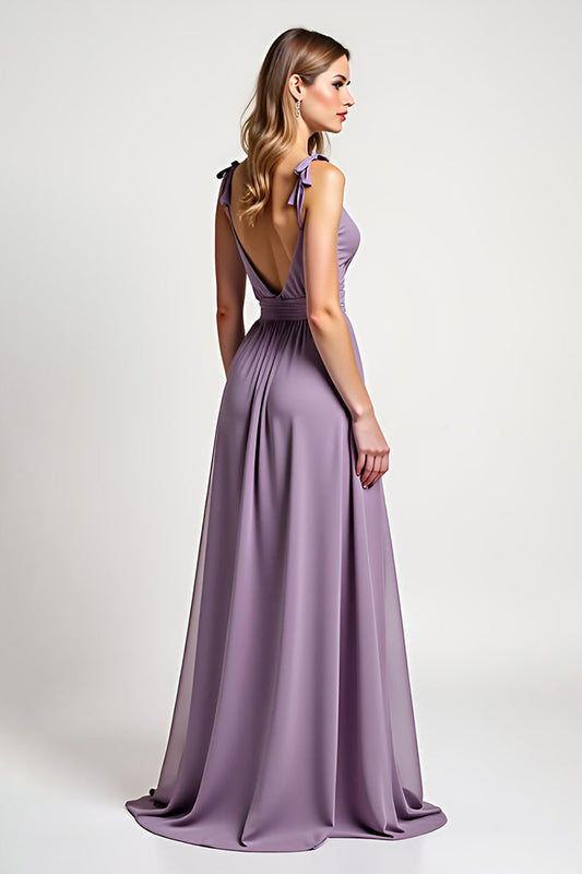 A Line Lilac Backless Ruched Chiffon Long Bridesmaid Dress
