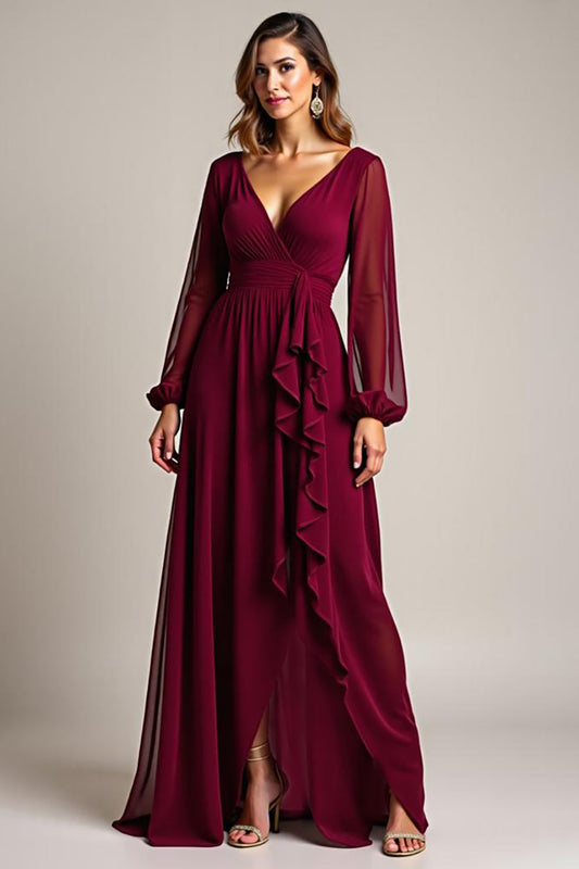Burgundy Chiffon Long Mother of the Bride Dress with Ruffles