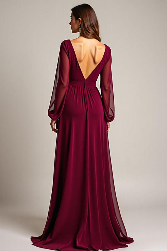 Burgundy Chiffon Long Mother of the Bride Dress with Ruffles