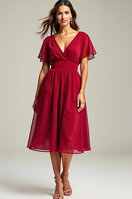 Red V-Neck Knee Length Chiffon Mother of the Bride Dress with Short Sleeves
