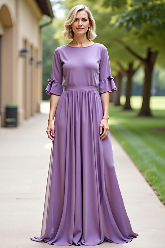 Tahiti Long Chiffon Mother of the Bride Dress with Short Sleeves