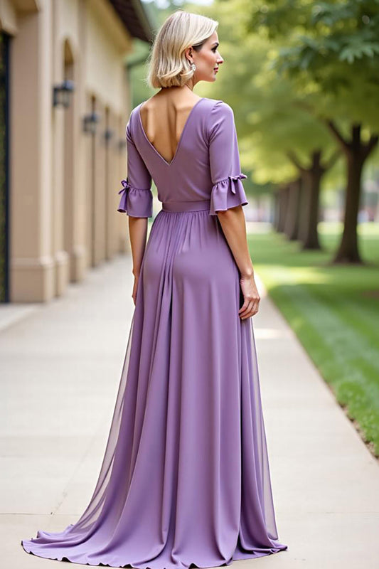 Tahiti Long Chiffon Mother of the Bride Dress with Short Sleeves