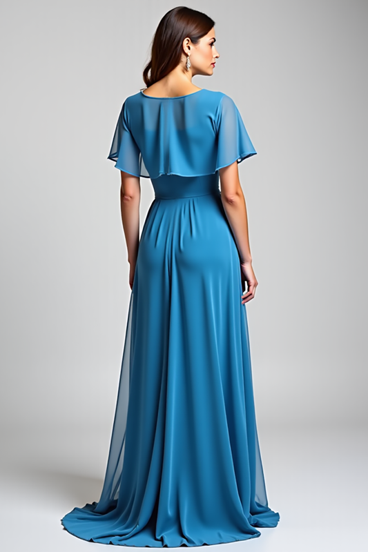 Blue Long Chiffon Mother of the Bride Dress with Short Sleeves