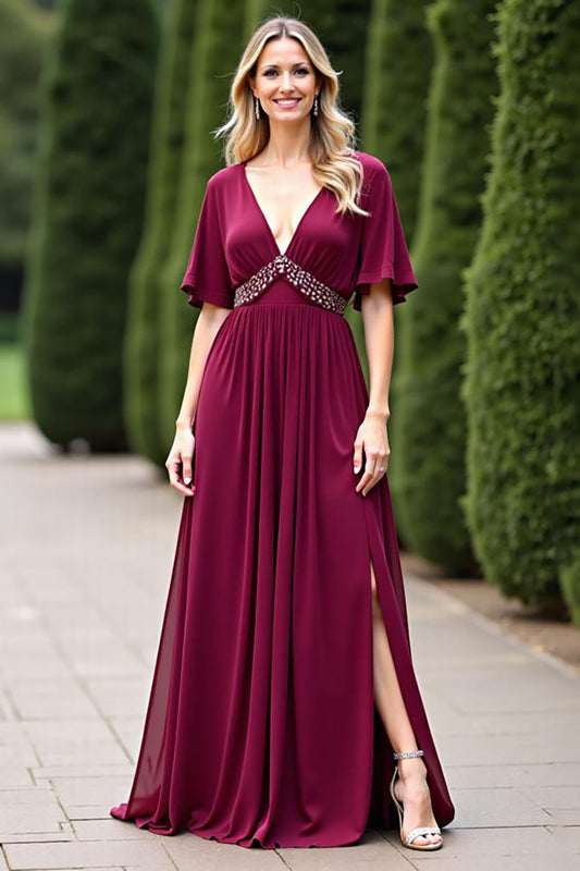 Burgundy Chiffon V-Neck Mother of the Bride Dress with Beading