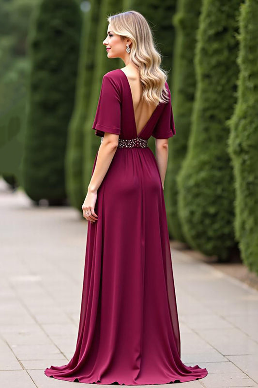 Burgundy Chiffon V-Neck Mother of the Bride Dress with Beading
