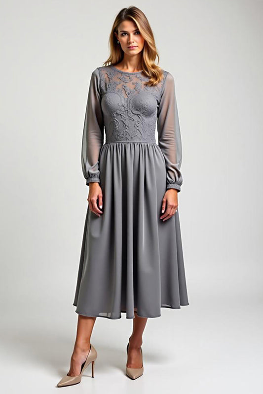 Grey Chiffon Embroideried Mother of the Bride Dress with Long Sleeves