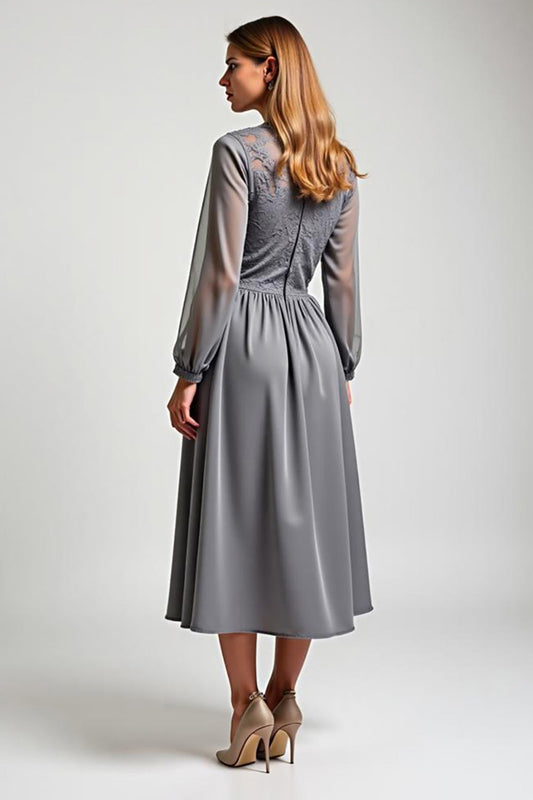 Grey Chiffon Embroideried Mother of the Bride Dress with Long Sleeves
