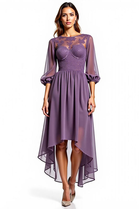 Plum Chiffon High Low Mother of the Bride Dress with Long Sleeves