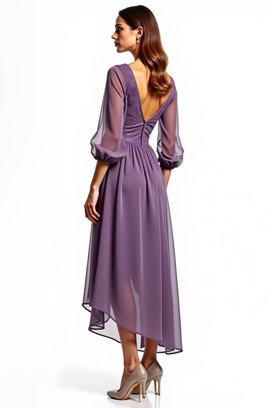 Plum Chiffon High Low Mother of the Bride Dress with Long Sleeves