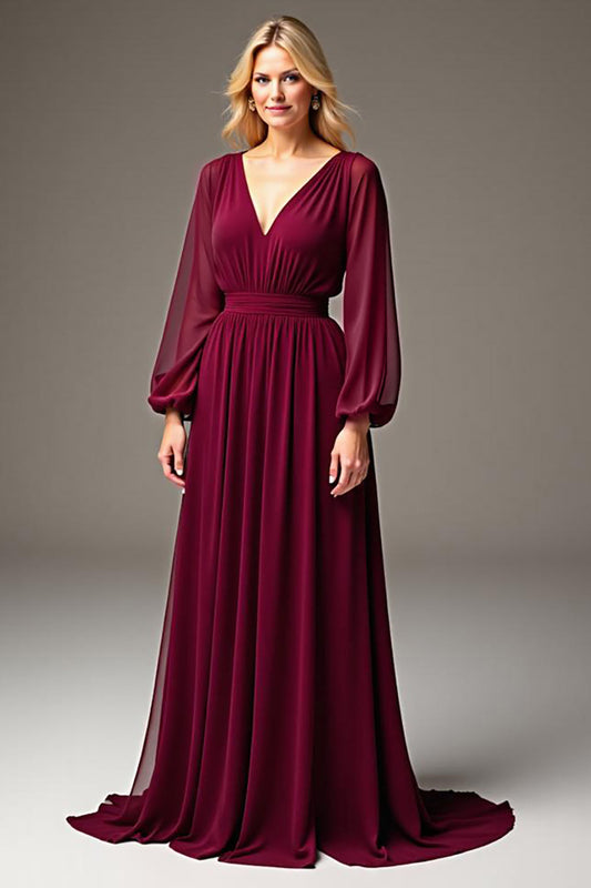 Burgundy Chiffon V-Neck Ruched Long Mother of the Bride Dress