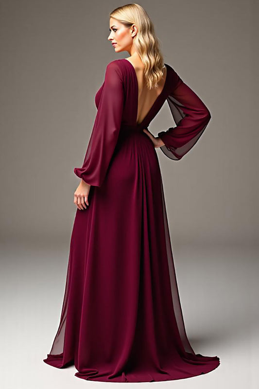 Burgundy Chiffon V-Neck Ruched Long Mother of the Bride Dress