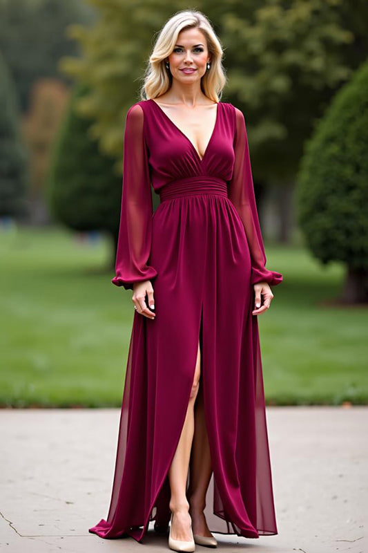 Burgundy V-Neck Backless Long Chiffon Mother of the Bride Dress with Slit