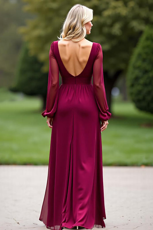 Burgundy V-Neck Backless Long Chiffon Mother of the Bride Dress with Slit