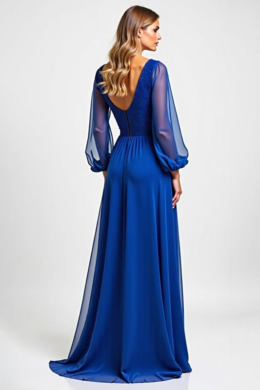 Royal Blue Chiffon Illusion Mother of the Bride Dress with Long Sleeves