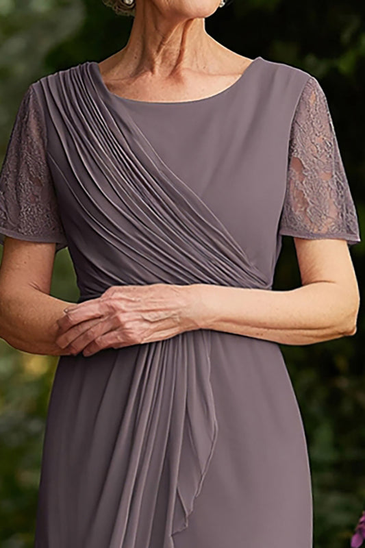 Dusk Ruched Short Chiffon Mother of the Bride Dress with Sleeves
