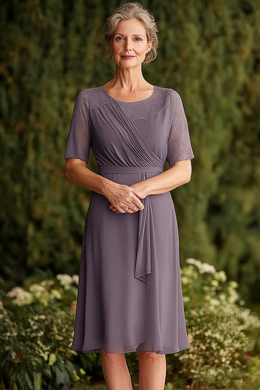 Dusk Chiffon Knee Length Mother of the Bride Dress with Short Sleeves
