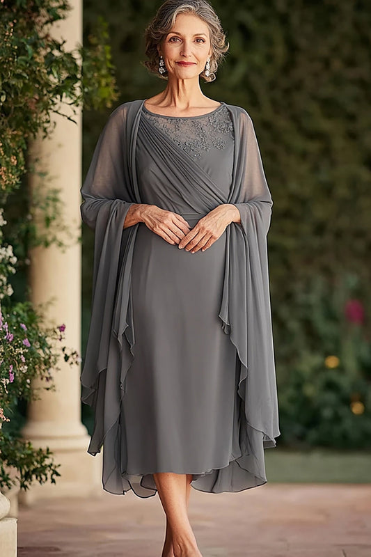 Chiffon Grey Scoop Tea Length Mother of the Bride Dress with Shawl