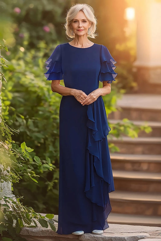 Sheath Navy Long Chiffon Mother of the Bride Dress with Tiered Sleeves