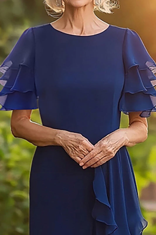 Sheath Navy Long Chiffon Mother of the Bride Dress with Tiered Sleeves