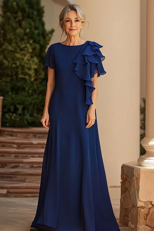 Sheath Navy Chiffon Scoop Long Mother of the Bride Dress