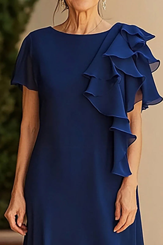 Sheath Navy Chiffon Scoop Long Mother of the Bride Dress