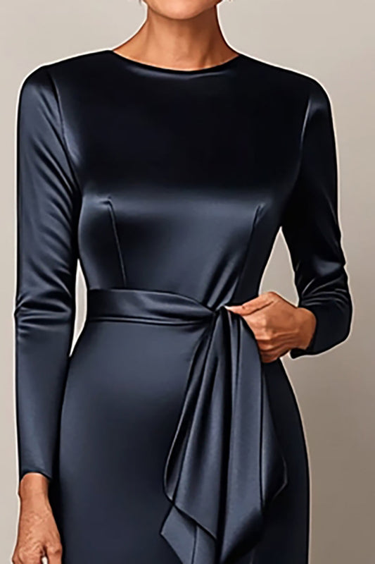 Elegant Bodycon Navy Satin Mother Of Bride Dress With Drape