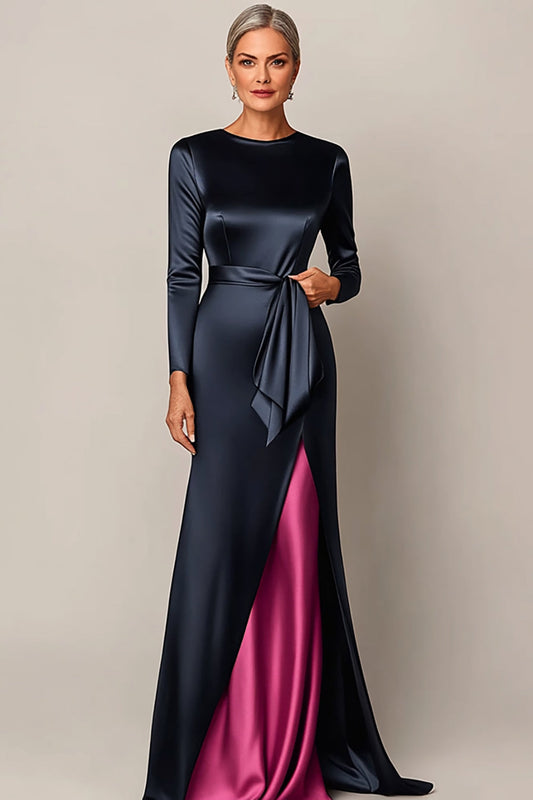 Elegant Bodycon Navy Satin Mother Of Bride Dress With Drape