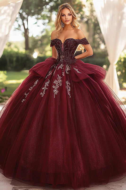 Burgundy Quinceanera Dress Strapless Off The Shoulder Lace Appliqued Organza Long Ball Gown