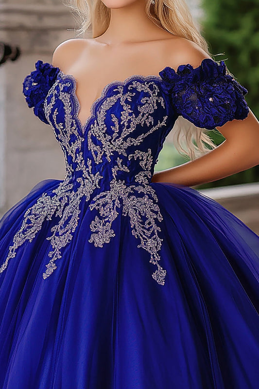 Royal Blue Ball Gown Off the Shoulder Tulle Quinceanera Dress with Appliques