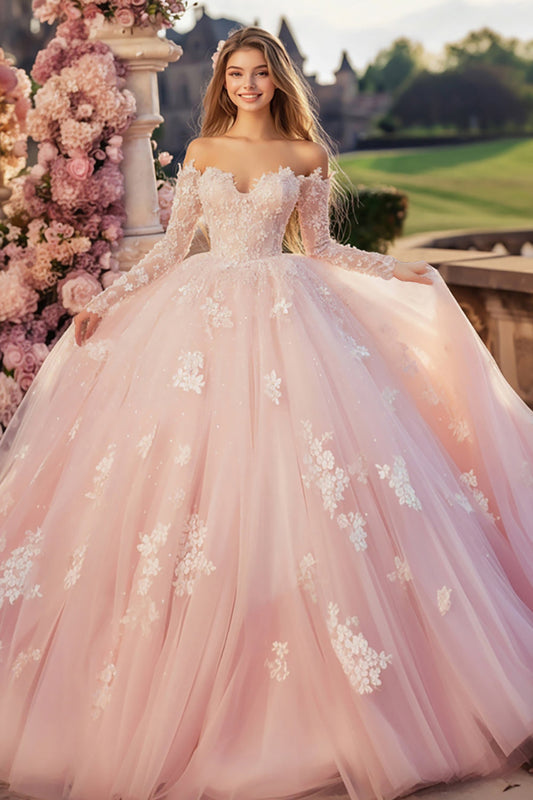 Princess Pink Off the Shoulder Tulle Quinceanera Dress with Lace Appliques