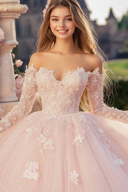 Princess Pink Off the Shoulder Tulle Quinceanera Dress with Lace Appliques