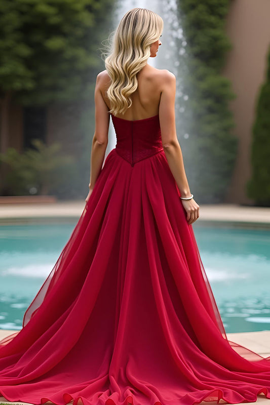 Sweetheart Tiered Red A Line Prom Dress with Embroidery