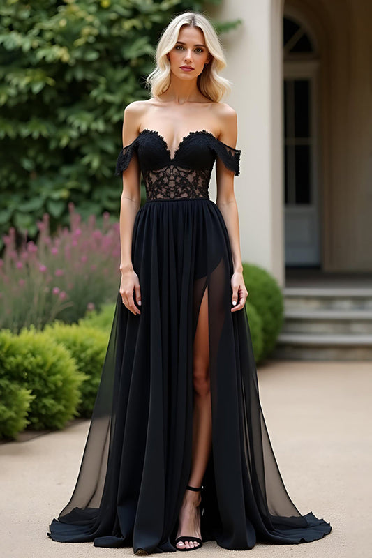 Off the Shoulder Black A Line Lace Appliques Prom Dress with Slit