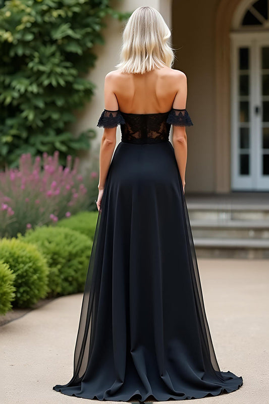 Off the Shoulder Black A Line Lace Appliques Prom Dress with Slit
