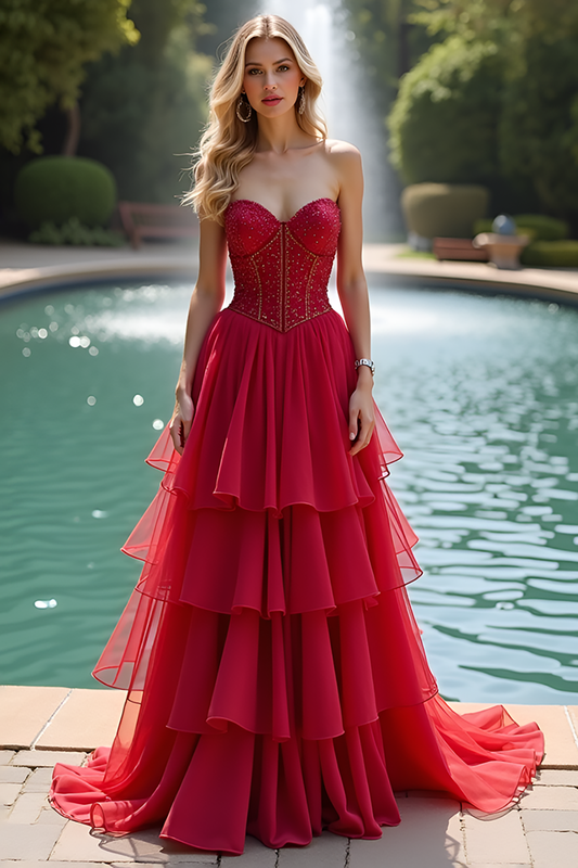 Red A Line Sparkly Sweetheart Tiered Long Prom Dress with Beading
