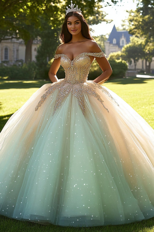 Zapakasa Women Sparkly Champagne Ball Gown Quinceanera Dress Off the Shoulder Tulle Sweet 16 Dress with Beading