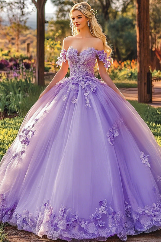 Lilac Floor Length Appliqued Quinceanera Dress with 3D Flowers