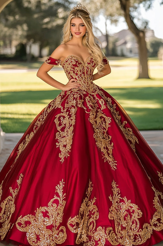 Sparkly Red Golden Satin Quinceanera Dress with Appliques Off The Shoulder Floor Length Princess Ball Gown Dress