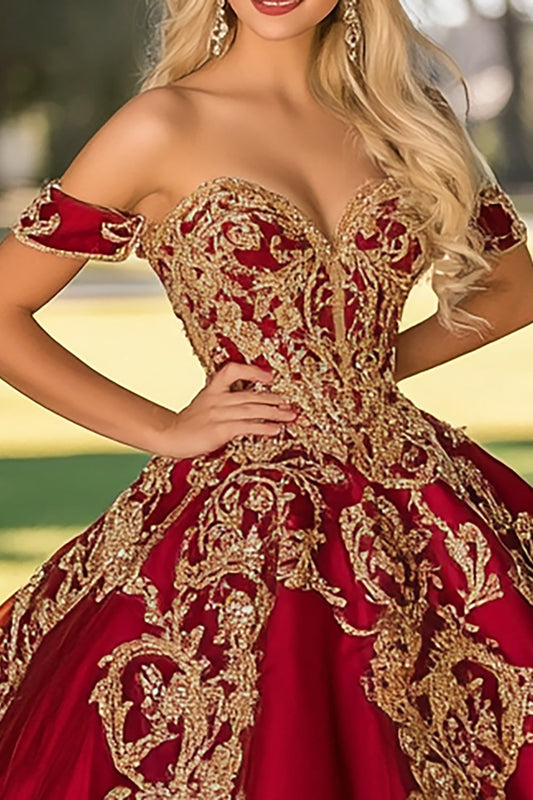 Sparkly Red Golden Satin Quinceanera Dress with Appliques