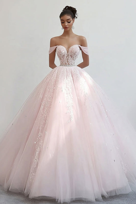 Pink Quinceanera Dress Ball Gown Off the Shoulder Tulle Quinceanera Dress with Appliques